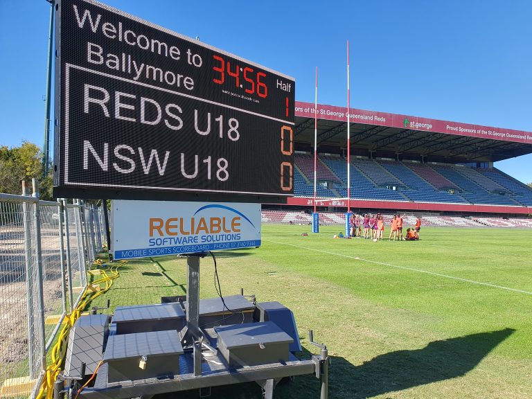 Full LED scoreboard displaying rugby scores at Ballymore, Brisbane