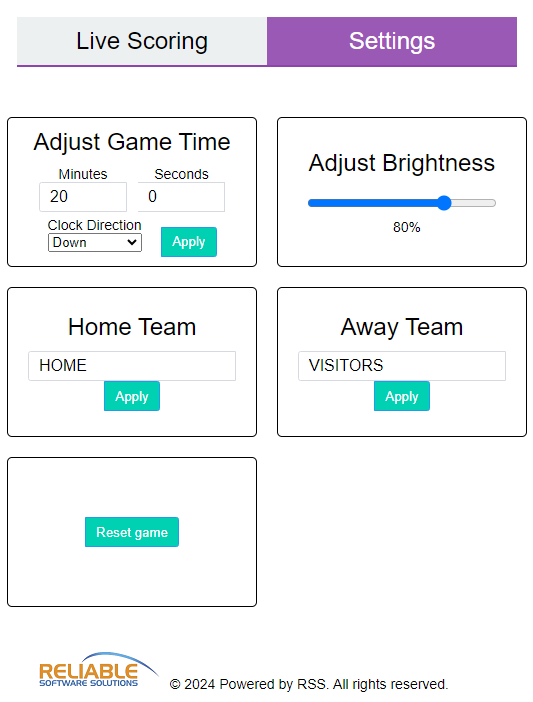 Multisport scoreboard game setup interface on a tablet