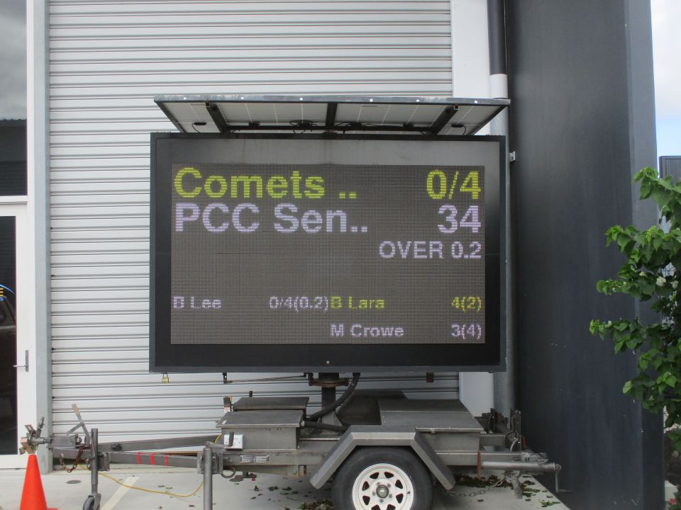 PlayHQ cricket LED scoreboard displaying live scores